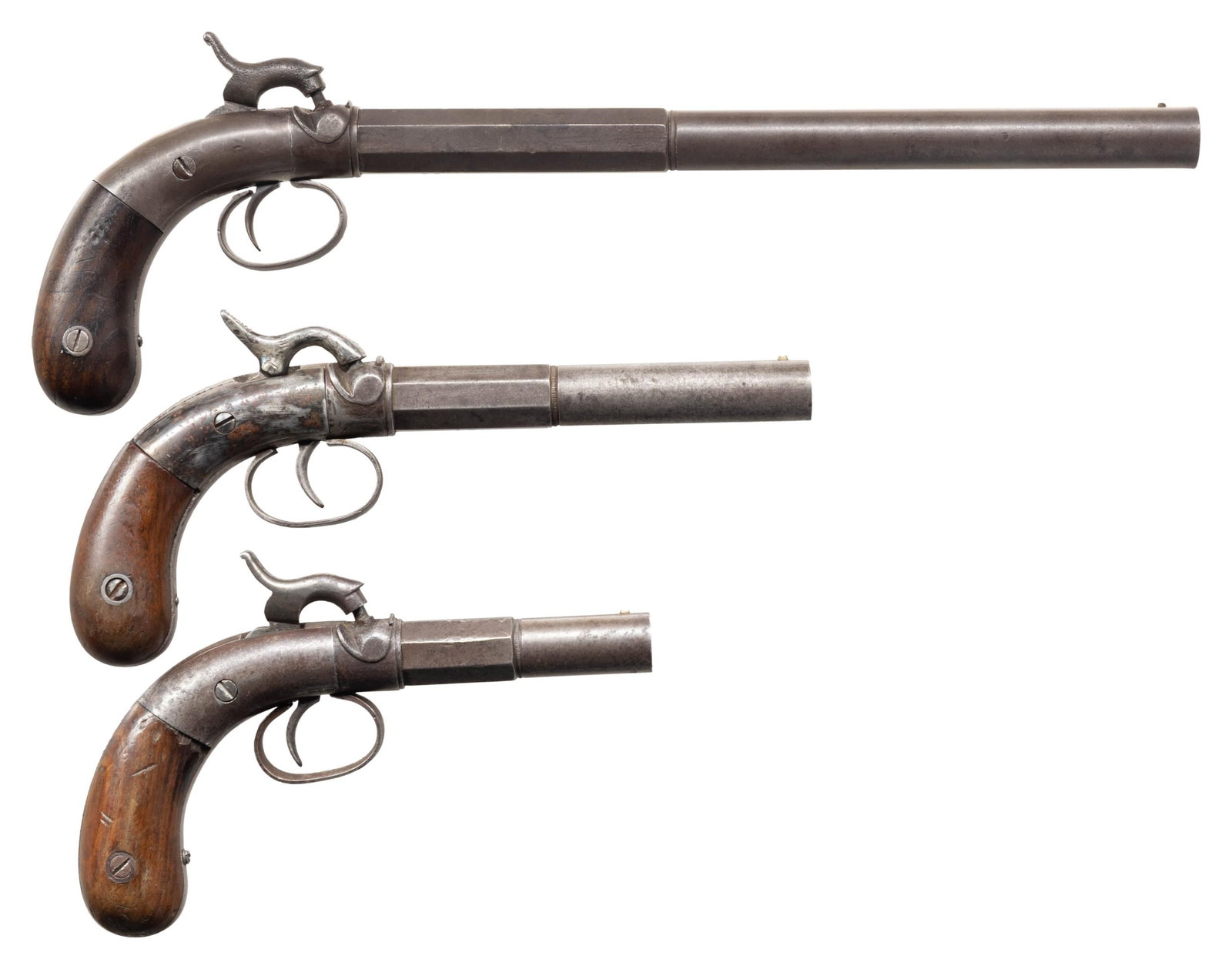 THREE ALLEN & THURBER "SHOTGUN-TYPE HAMMER": PERCUSSION PISTOLS. 1) Cal. 32. S# 16. 5 1/2" octagon to round bbl. with faceted transition. Brass blade front with fixed V notch rear sight. Round body action with center mounted hammer being