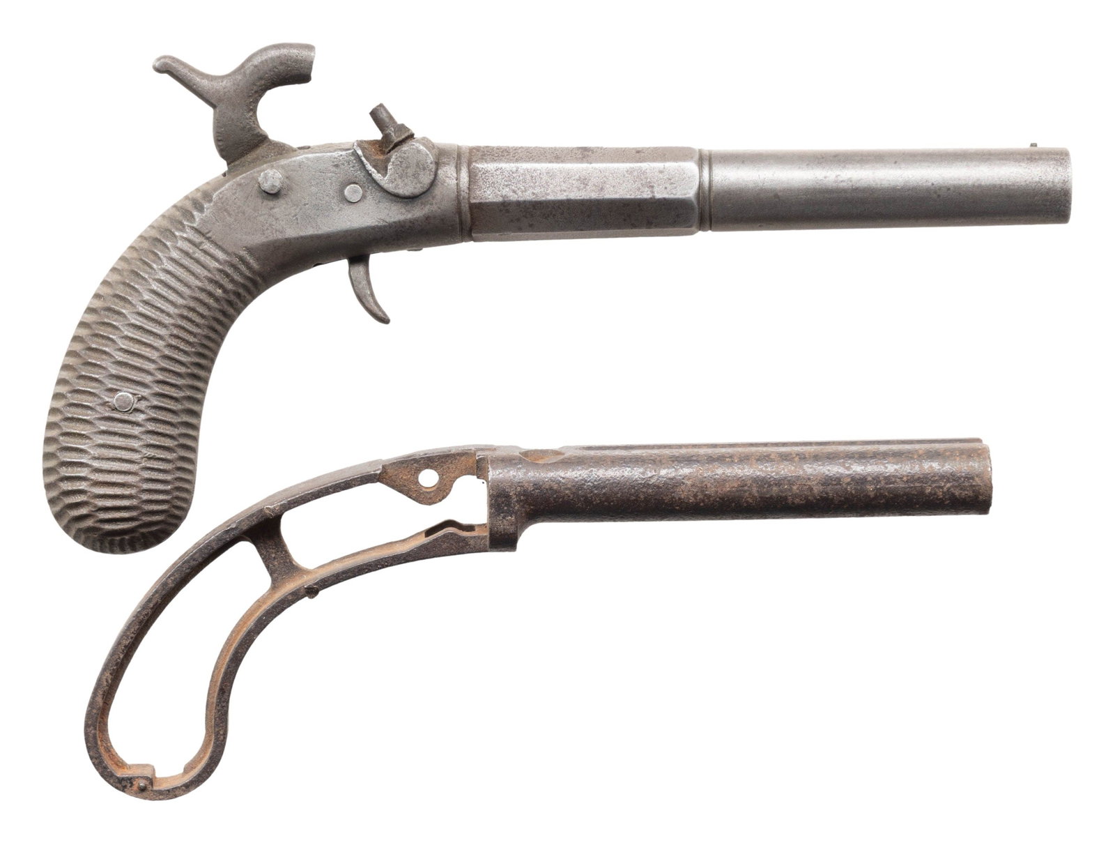 ETHAN ALLEN CO. ATTRIBUTED PERCUSSION BOOT PISTOL: AND BLANK PISTOL CASTING. 1) Unmarked Allen & Thurber Style Percussion Boot Pistol. Cal. 47. NSN. 5 3/4" rifled, tapered octagon to round bbl. with faceted transition. All metal construction. Center