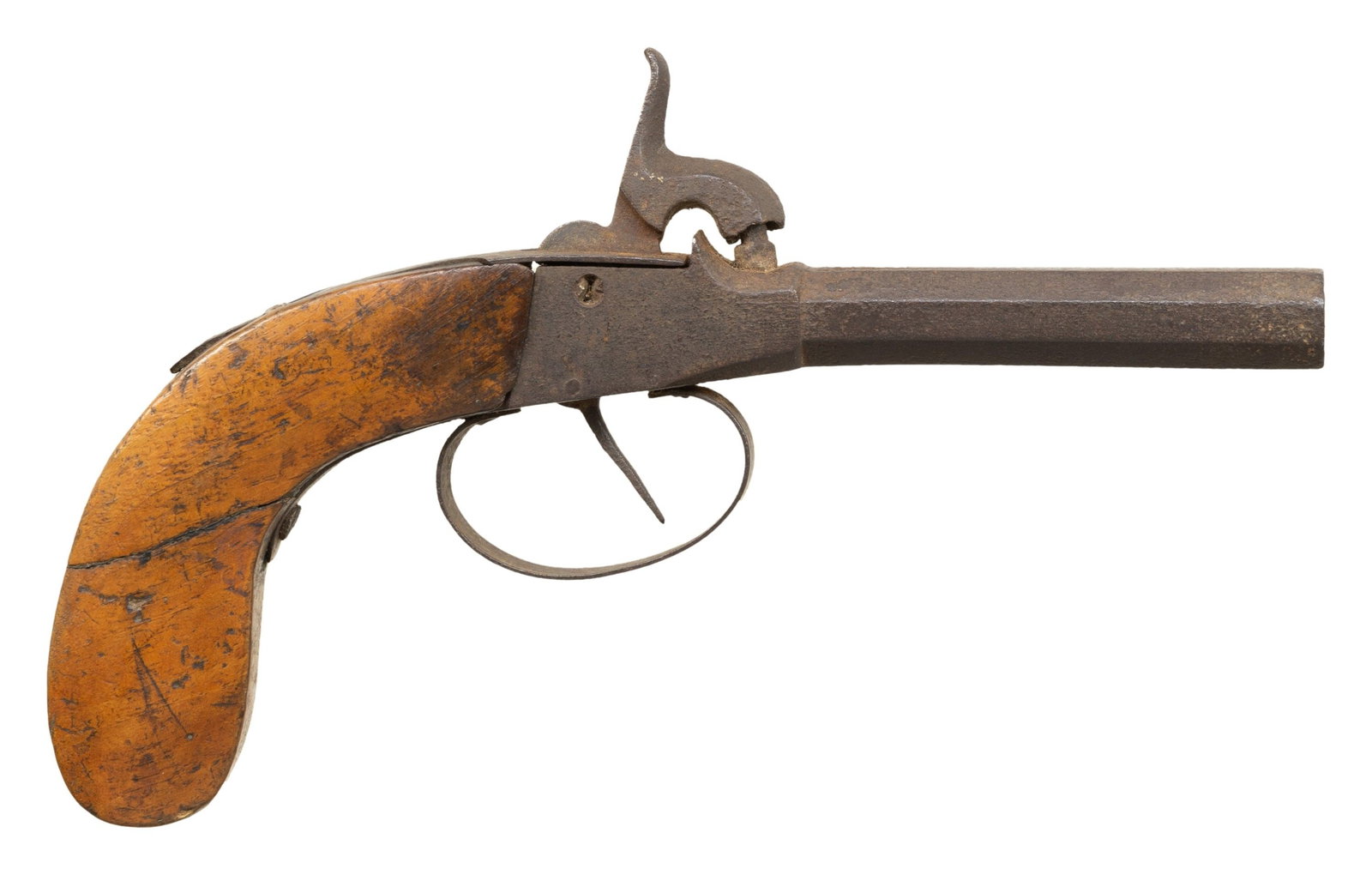 PERCUSSION BOOT & GERMAN PARLOR PISTOL: 1) UNMARKED PERCUSSION BOOT PISTOL. Cal. 44. NSN. Bbl. 33". Center hammer boxlock action. Wood grip. CONDITION: metal has dark, oxidized appearance. Wood has break in middle. Dark bore. Unable to