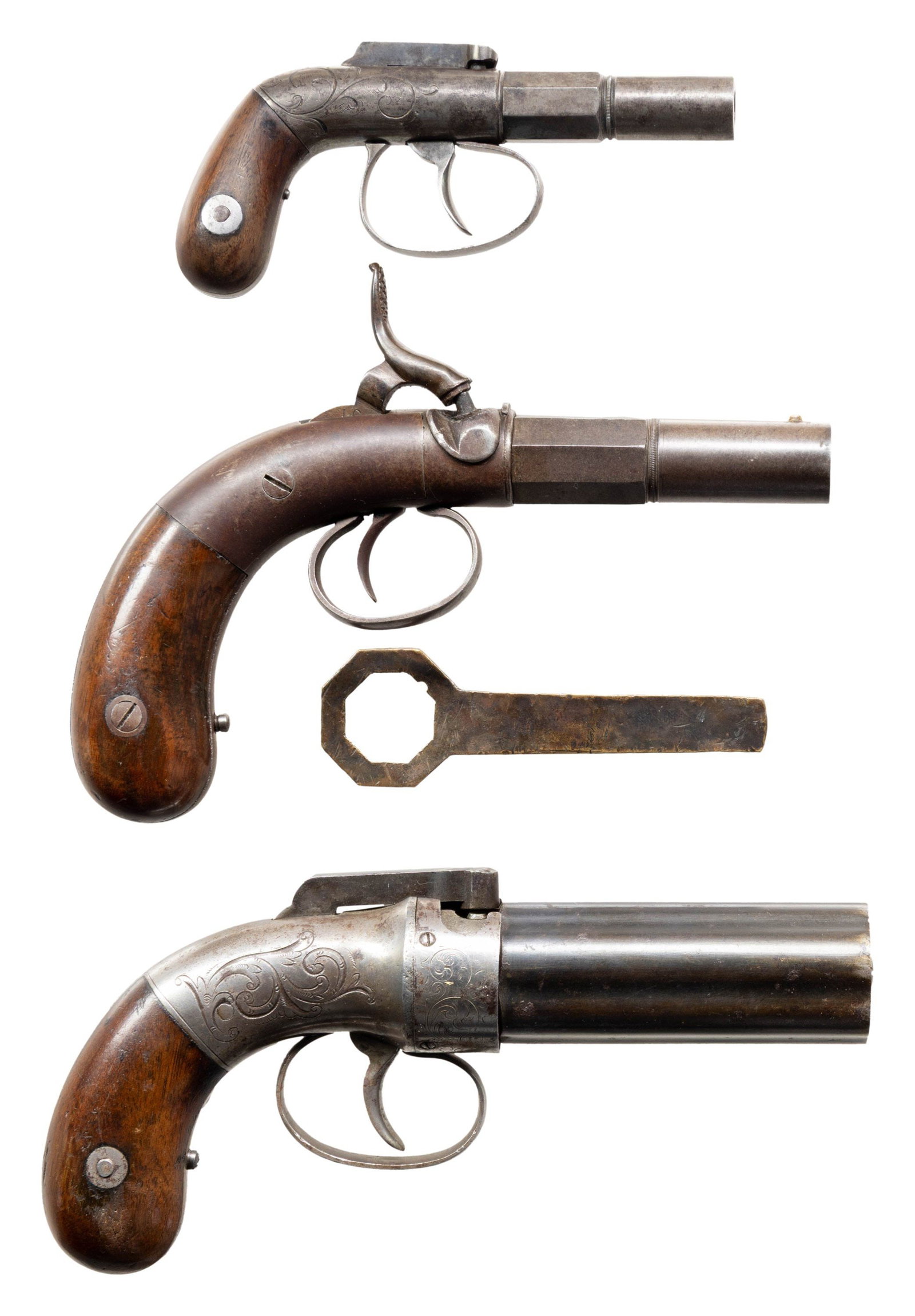 THREE ALLEN & THURBER SINGLE SHOT AND PEPPERBOX: PISTOLS. 1) Unmarked Allen & Thurber Style Bar Hammer Percussion Muff Pistol. Cal. 30. S#322. 2" octagon to round bbl. with faceted transition & smooth bore. Lightly engraved round body action with