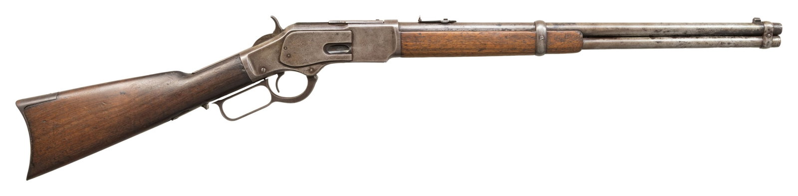 ANTIQUE THIRD MODEL WINCHESTER 1873 LEVER ACTION: SADDLE RING CARBINE. Cal. 44 WCF. S# 252946B. Bbl. 20". Third Model 1873 lever action saddle ring carbine mfg. by Winchester in 1887. Top of the bbl. is marked with Winchester's 2-line mfg. and