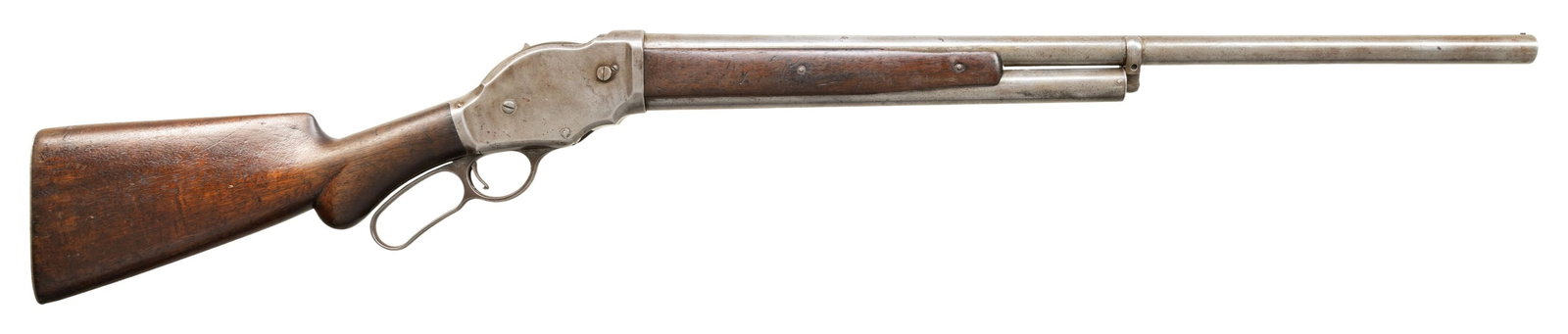 WINCHESTER 1887 LEVER ACTION SHOTGUN.: Cal. 10ga. S#. 49317. Mfg. 1893. Bbl. 26" plain bbl missing front bead. Smooth pistol grip stock set with checkered steel buttplate. CONDITION: overall good. Metal finish has entirely faded with some