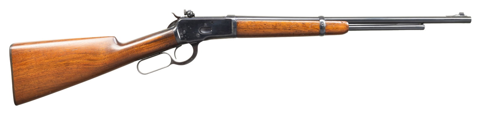 WINCHESTER MODEL 1892 LEVER ACTION CARBINE WITH: CUSTOM BILL MORRISON BARREL. Cal. 32-20. S# 627857. Bbl. 20". Model 1892 lever action carbine mfg. by Winchester in 1911. Left side of the custom replacement bbl. is marked "32-20" towards the