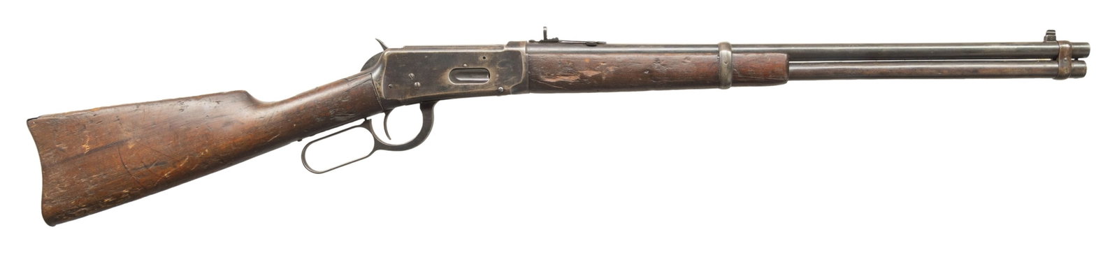 PRE-WAR WINCHESTER MODEL 1894 LEVER ACTION SADDLE: RING CARBINE. Cal. 30 WCF. S# 830755. Bbl. 20". Model 1894 lever action saddle ring carbine mfg. by Winchester in 1918. Left side of the bbl. is marked with Winchester's 2-line mfg. and patent