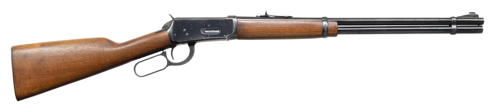 WINCHESTER M94 LEVER ACTION RIFLE.: Cal. 30-30 Win. S#2081350. Mfg. 1954. Bbl. 20" carbine configuration. Straight grip walnut stock with checkered steel buttplate. CONDITION: overall good. 70% orig finish with thinning finish, carry we