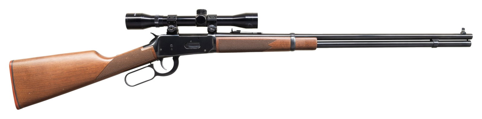 WINCHESTER MODEL 94 ANGLE EJECT XTR LEVER ACTION: RIFLE. Cal. 7x30 Waters. S# 5342607. 24"round bbl . Blade front with elevator adj. rear sight. Tasco 4x32 gloss finished scope with Duplex reticle on Weaver mounts. Full length mag. Band fastened