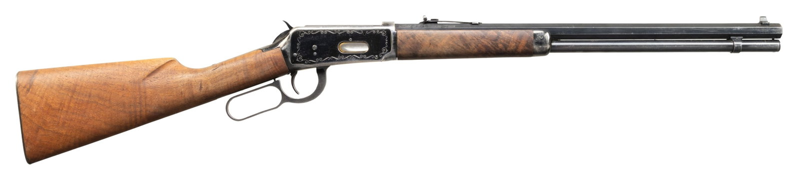 WINCHESTER M94 CLASSIC LEVER ACTION RIFLE.: Cal. 30-30 Win. S# 3007479. Bbl. 20" Oct. with dovetailed bead front sight. Ladder adj rear sight. Scroll border eng nickel plated rec. Smooth walnut pistol grip stock set. Checkered steel buttplate.