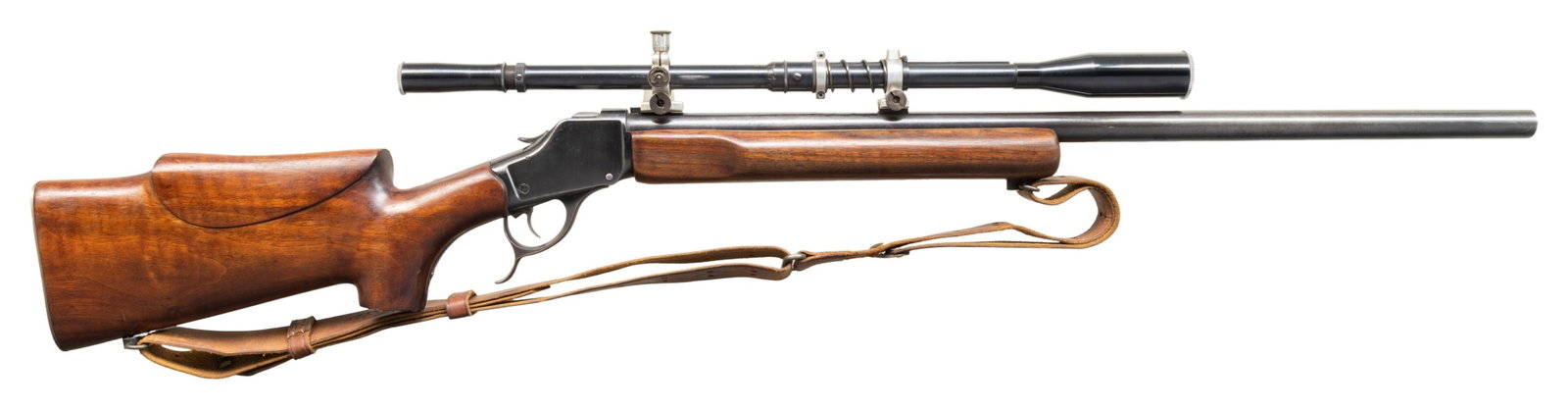 WINCHESTER MODEL 1885 HIGH WALL CUSTOM VARMINT: SINGLE SHOT RIFLE. Cal. 222 Rem. S# 59559. 28" round varmint weight bbl without sights. J. W. Fecker 23" long target scope with cross hair reticle on bbl. blocks with external adjustments on rear