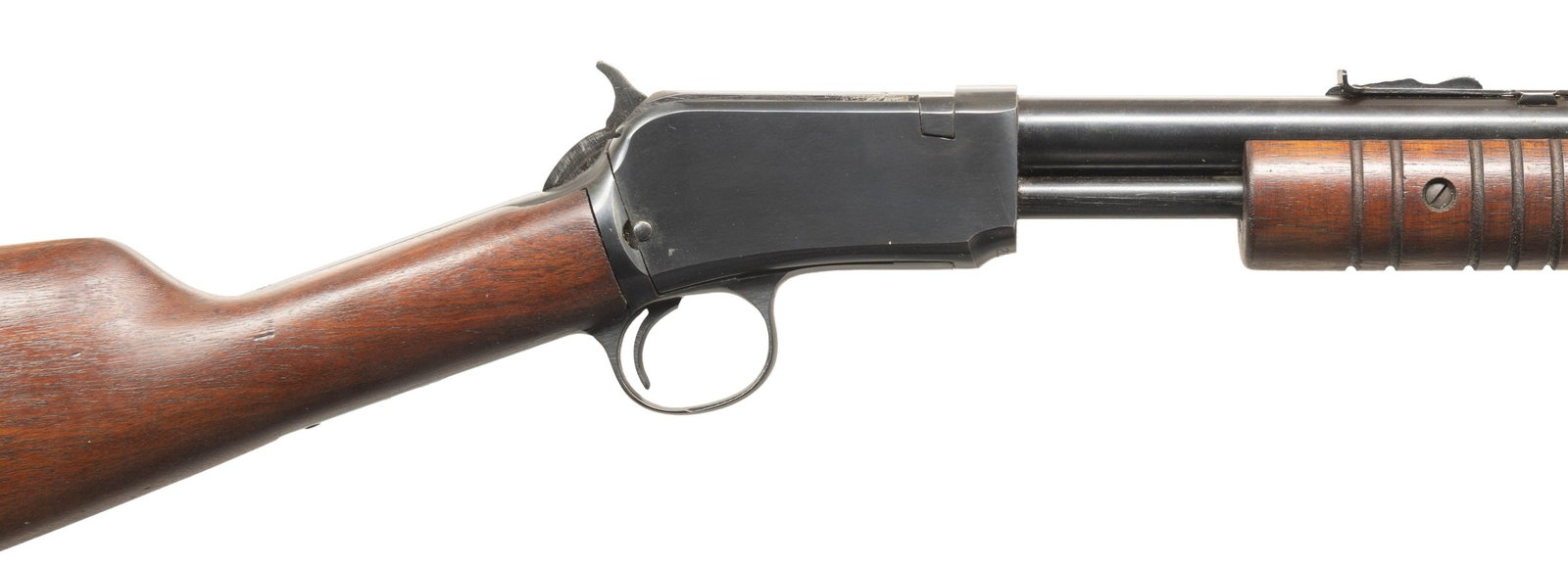VERY NICE WINCHESTER MODEL 62A SLIDE ACTION RIFLE.: Cal. 22 S, L, LR. S# 222705. Bbl. 23". Model 62A slide action rifle mfg. by Winchester circa. 1948. Left side of the bbl. is marked with Winchester's mfg. information, the Winchester trademark logo,
