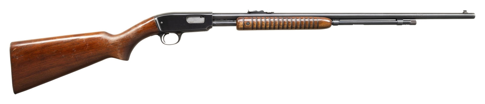 WINCHESTER M61 SLIDE ACTION RIFLE.: Cal. 22 S,L,LR. S# 170026. Mfg. 1951. Bbl. 24" rd with dovetailed bead front sight. Ladder adj rear sight. Added tapped rec holes with screw plugs for scope mount. Smooth pistol grip stock set with ch