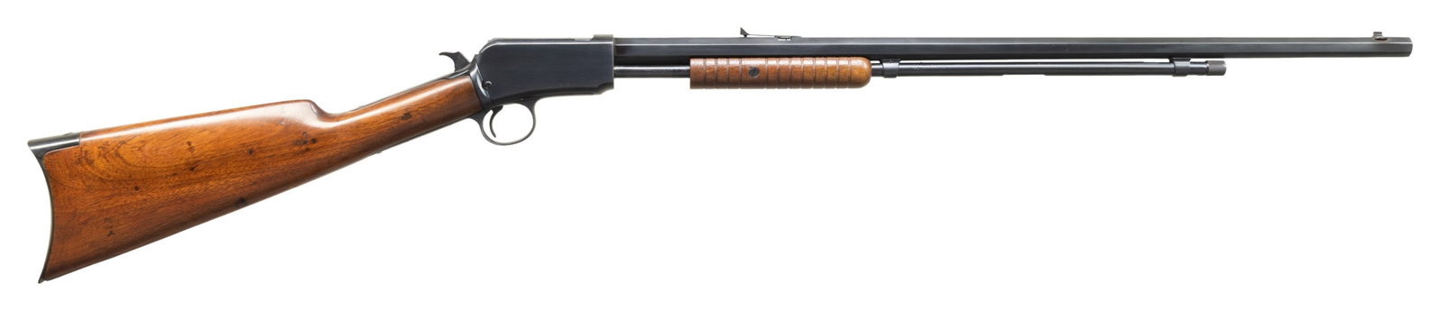 WINCHESTER 1890 SLIDE ACTION RIFLE.: Cal. 22LR. S# 91035. Mfg 1900. Bbl. 24" Oct. circle P replacement bbl. Walnut stock set. UNATTACHED ACCESSORIES: custom wood wall rack. CONDITION: overall very good as restored. 98% reblued metal with