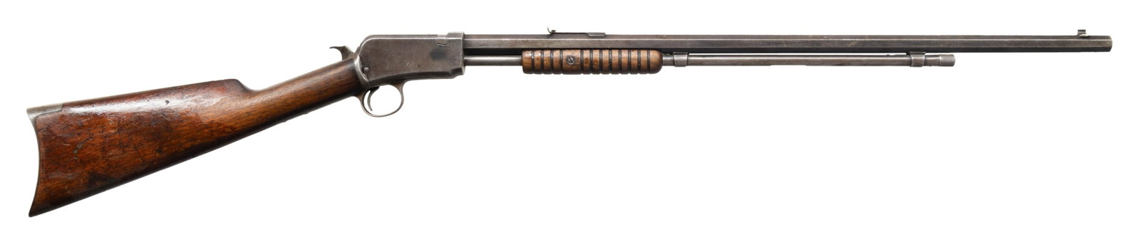 WINCHESTER M90 SLIDE ACTION RIFLE.: Cal. 22 WRF. S# 414393. Mfg 1909. Bbl. 24" oct. replacement circle P with dovetailed bead front sight. Custom checkered butt. CONDITION: overall poor. Finish only remaining in the protected areas with