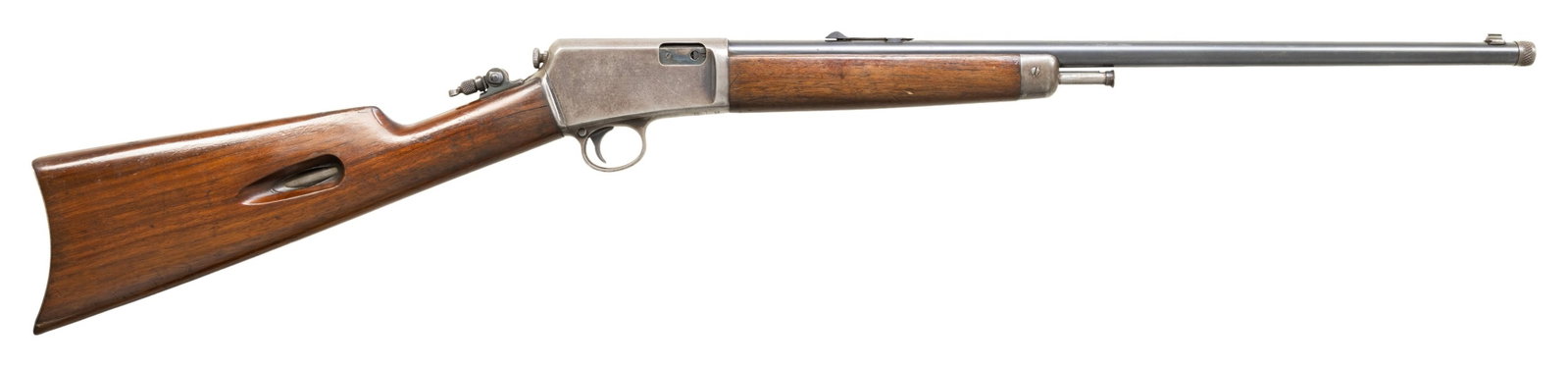 WINCHESTER 1903 SEMI AUTO RIFLE.: Cal. 22 Auto. S# 106595. Mfg. 1919. Bbl. 20" with threaded muzzle, dovetailed bead front sight, and dovetailed rear sight. Tang peep sight. Straight grip walnut stock with smooth steel crescent buttpl
