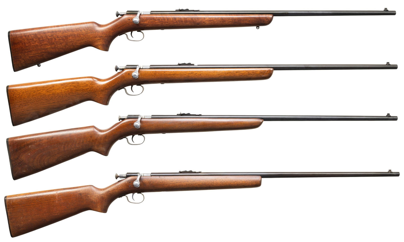 4 WINCHESTER 67 BOLT ACTION RIFLES.: 1) 67A. Cal. 22 S,L,LR. NSN. Mfg. 1948-63. Bbl. 27" with dovetailed bead front sight. Ladder adj rear sight. Nickel bolt. CONDITION: overall very good. 90% orig blue with some thinning and handling ma