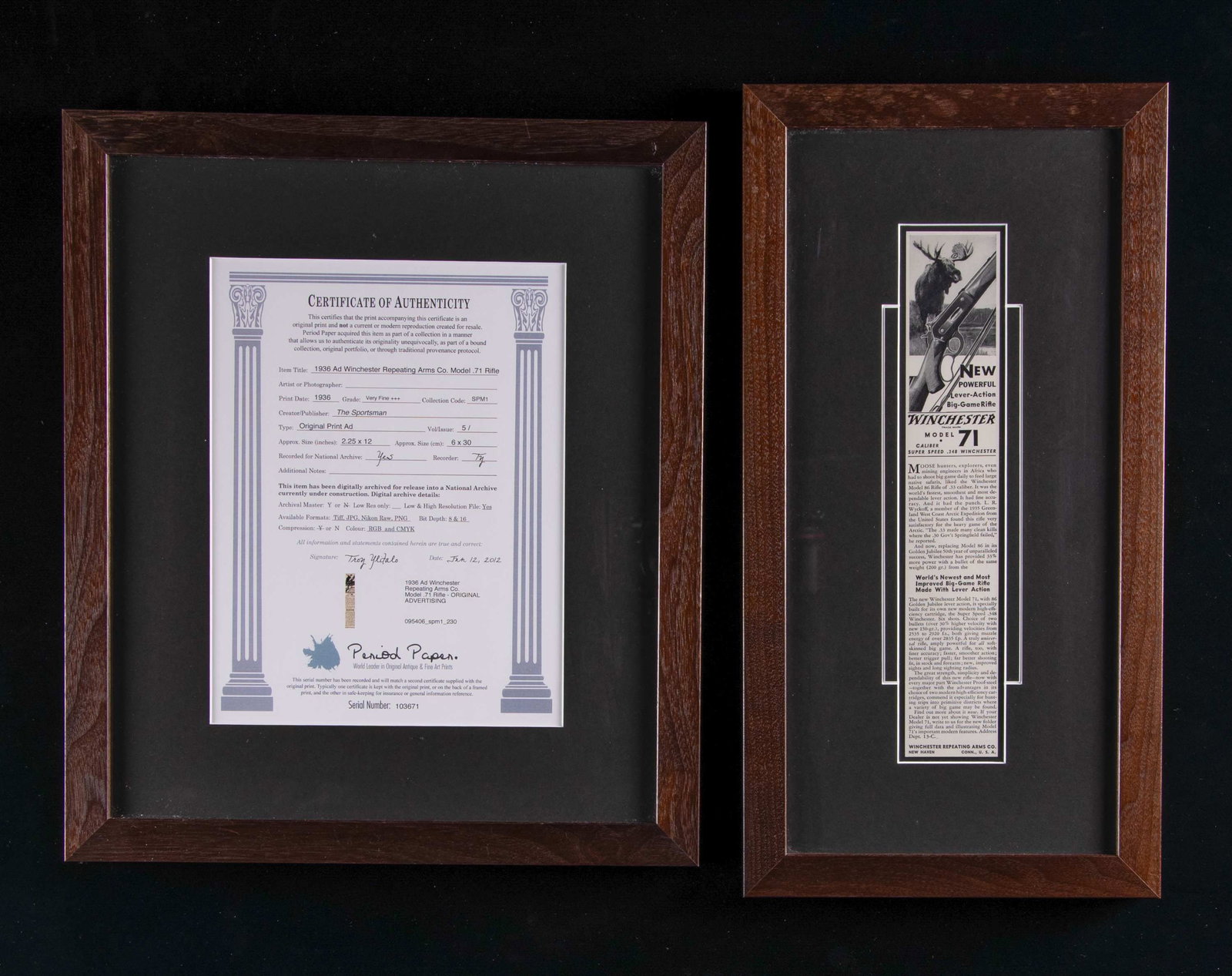 FRAMED WINCHESTER MODEL 71 "NEW POWERFUL LEVER: ACTION BIG-GAME GAME RIFLE" ADVERISMENT & CERTIFICATE OF AUTHENTICITY. Advertisement introducing the Winchester Model 71 .348 Win. caliber Big-Game rifle measuring 12 1/4"x2 1/8". Advertisement shows 