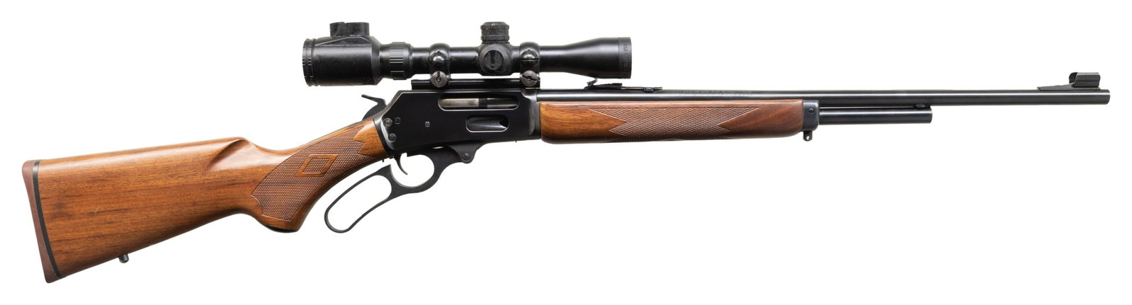MARLIN MODEL 336 MX LEVER ACTION RIFLE.: Cal. 338 Marlin Express. S# 92051125. 22" round bbl. Hooded ramp bead front with elevator adj. folding leaf rear sight. BSA Cats-Eye 1-5-4.5x32 IR scope 3 post reticle. Weaver 1 pc mount. 2/3 length m