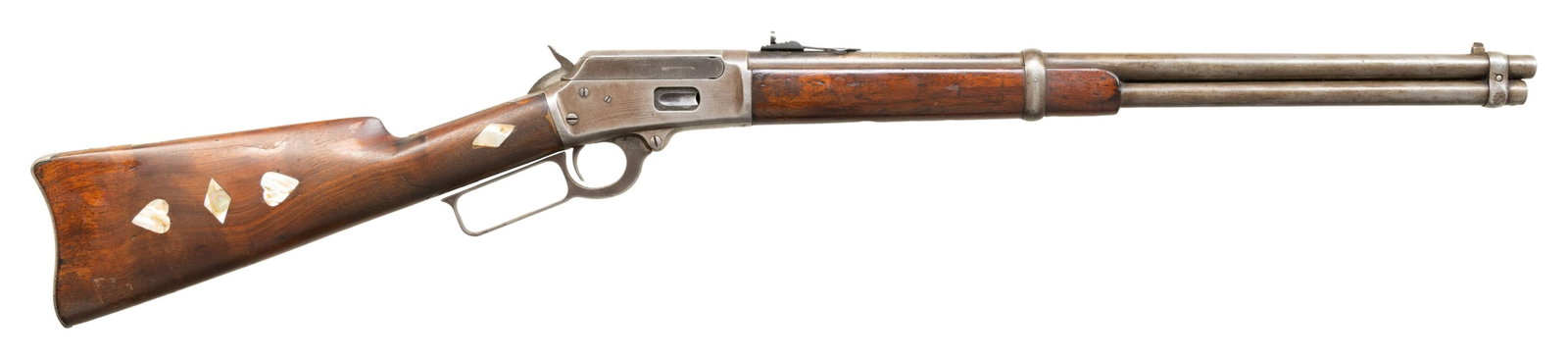 ANTIQUE, 44-40 MARLIN 1894 LEVER ACTION SRC.: Cal. 44-40. S# 147628. Mfg. 1897. Bbl. 20". Blade front sight & replacement Marbles elevator rear sight. Tubular mag. Action has missing saddle ring & stud. Walnut stock set w/ carbine buttplate; butt