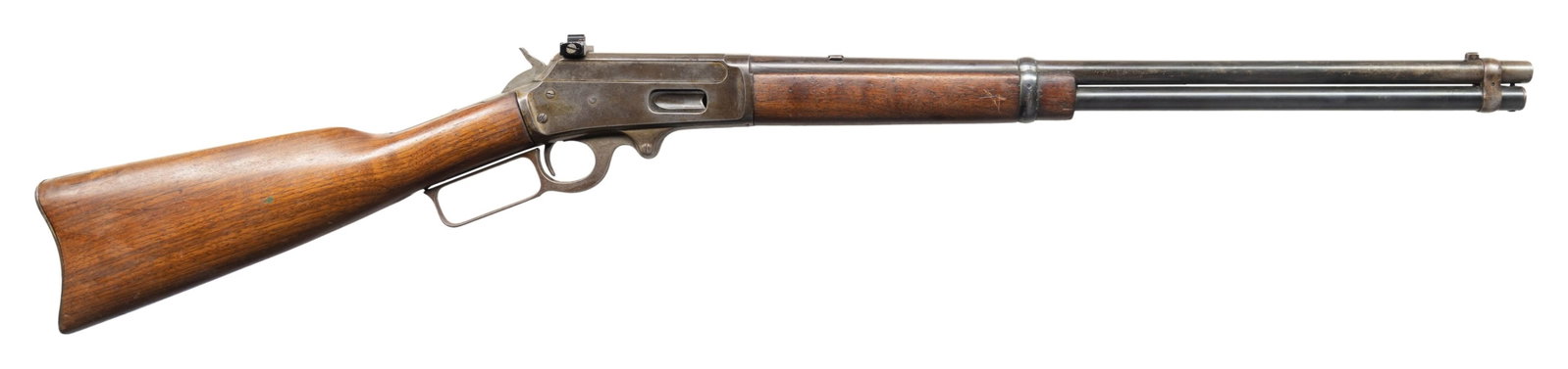 MARLIN 1893 SADDLE RING CARBINE.: Cal. 32-40. S#336428. Mfg. 1906. Bbl. 20" pinned front sight missing blade. Filled rear dovetail. Added Williams rec peep sight. Replacement mag tube and butt stock. CONDITION: Overall fair. 60% thinn