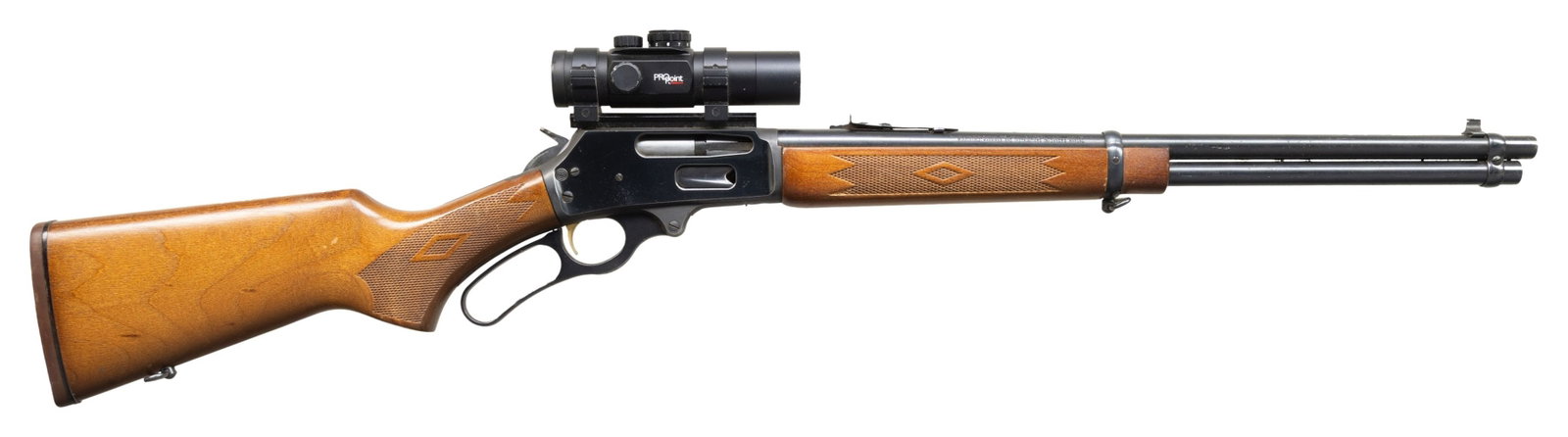 "JM" MARLIN 30AW LEVER ACTION RIFLE.: Cal. 30-30. S# 07020973. Mfg. 1993. Micro-groove 20" bbl. Sporting sights; Tasco ProPoint red dot sight. Crossbolt safety action. Tubular mag. Press checkered birch stock w/ Marlin pad. CONDITION: Goo