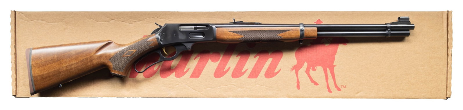 RUGER MADE MARLIN 336 CLASSIC LEVER ACTION CARBINE: Cal. 30-30. S# RM0133893. Shipped 2025; mfg. by Ruger in Mayodan, NC. Bbl. 20.25". Hooded bead front sight & adj. semi-buckhorn rear sight. Tubular mag. Satin blued finish. American walnut stock set w