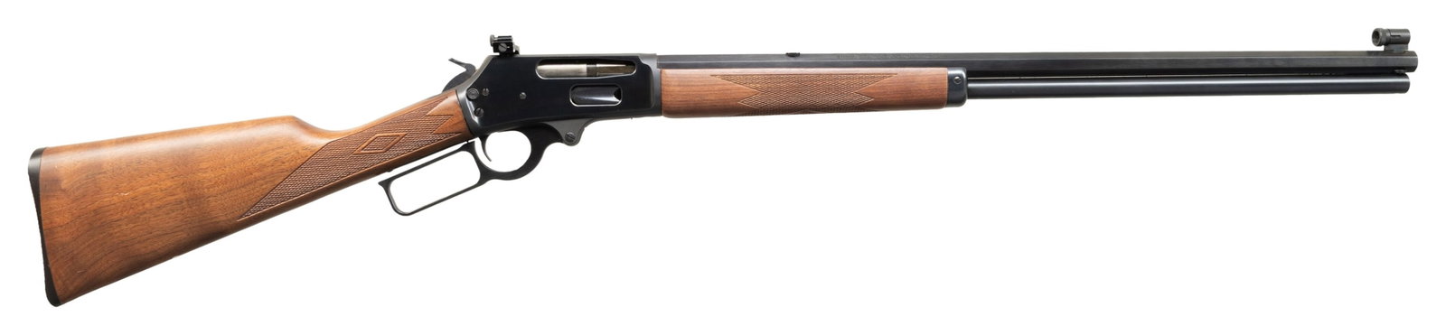 MARLIN 336CB COWBOY LEVER ACTION RIFLE.: Cal. 38-55. S# 01042273. 24" octagon bbl. Globe & post front, filler in rear sight dovetail with Williams receiver sight. Full length mag. Cross bolt safety. Walnut stock & forend have cut checkering.