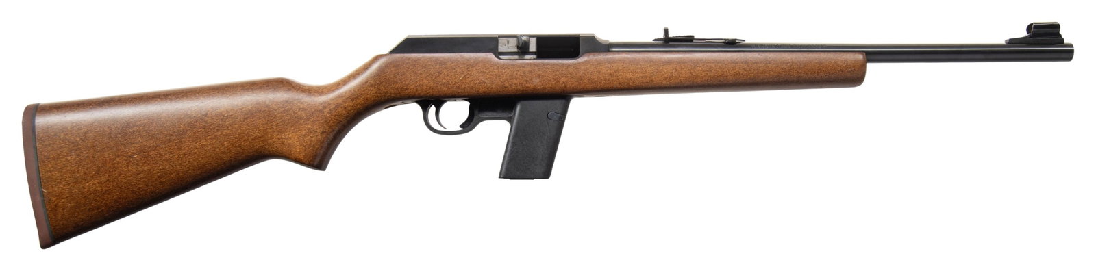 "JM" MARLIN MODEL 9 CAMP CARBINE.: Cal. 9mm (9x19 / 9mm Luger). S# 004264. Bbl. 16.5". Sporting sights. Top of sand blasted receiver is D&T for bases. Hardwood stock w/ red pad. MAGS: 1 -12 rd. CONDITION: very good to near excellent ov