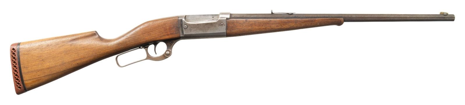 SAVAGE 1899 LEVER ACTION RIFLE.: Cal. 303 Sav. S# 91.229. Mfg. 1909. Oct. 22" bbl. w/ German silver blade front sight & Marbles rear sight. Rotary brass mag. w/ cartridge counter, cocking indicator & sliding safety. Walnut stock set;