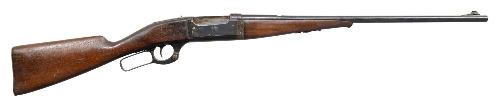 22 HI-POWER, SAVAGE 1899-A TAKEDOWN LEVER ACTION: Cal. 22 Hi-Power. S# 155759. Mfg. 1914. Bbl. 22". Marbles bead front sight, open rear dovetail & open tang holes. Internal rotary action w/ cartridge counter, cocking indicator & sliding safety. Walnu