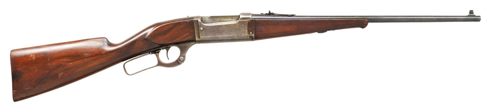 PRE-WAR SAVAGE 1899H TAKEDOWN LEVER ACTION: CARBINE. Cal. 22 HP (22 Hi-Power). S# 142521. Mfg. 1913. Bbl. 20" w/ white bead & Marbles rear sight. Rotary internal brass mag. w/ cartridge counter, open hole on top tang from previous sight, slidin
