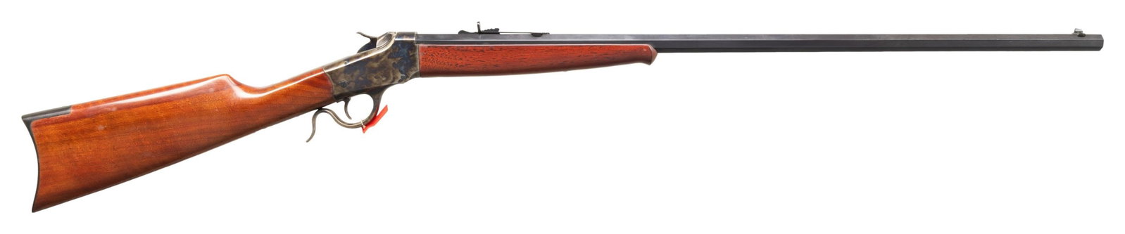 A.UBERTI / CIMARRON 1885 LOW WALL SINGLE SHOT: RIFLE. Cal. 22 LR. S# S06202. Mfg. 2007 in Italy by A. Uberti for Cimarron, Catalog No. 12670. Oct. 30" bbl. w/ sporting sights. Case colored low wall action; warning tag on lever. Oil finished hardwo