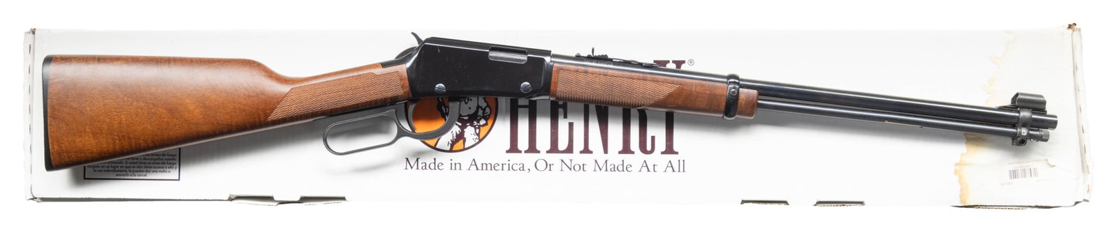 HENRY H001M LEVER ACTION RIFLE WITH ORIG BOX.: Cal. 22 Mag. S# M043766H. Bbl. 19" with hooded blade front sight. Ladder adj rear sight. Blued finish. Checkered straight grip stock with checkered Henry black plastic buttplate. CONDITION: overall ve