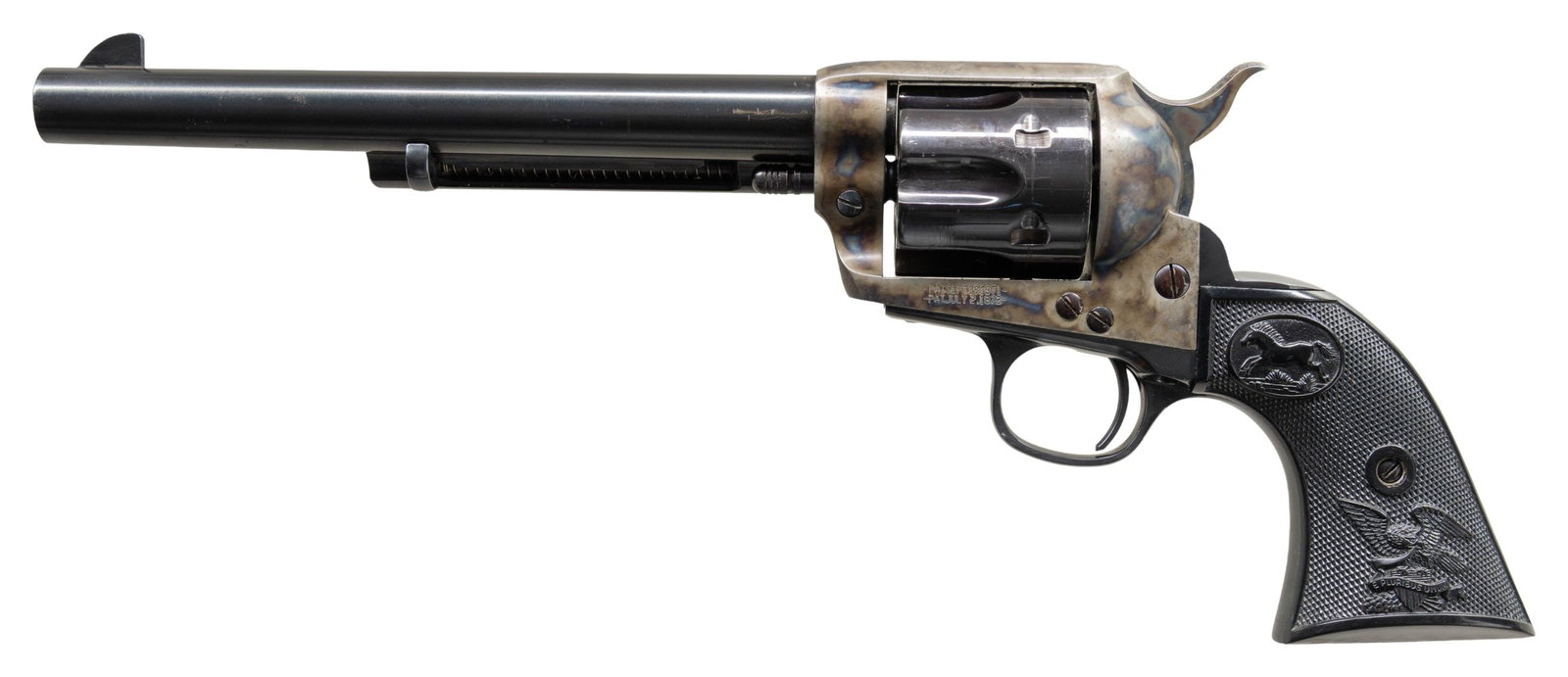 ASSEMBLED SINGLE ACTION ARMY STYLE REVOLVER.: Cal. 45 Colt. S# P7413. Bbl. 7 1/2" with blade sight. Top of bbl. is marked with Colt's single line address. 6-shot fluted cyl., back is marked "P7413". Case colored frame with pantograph added patent