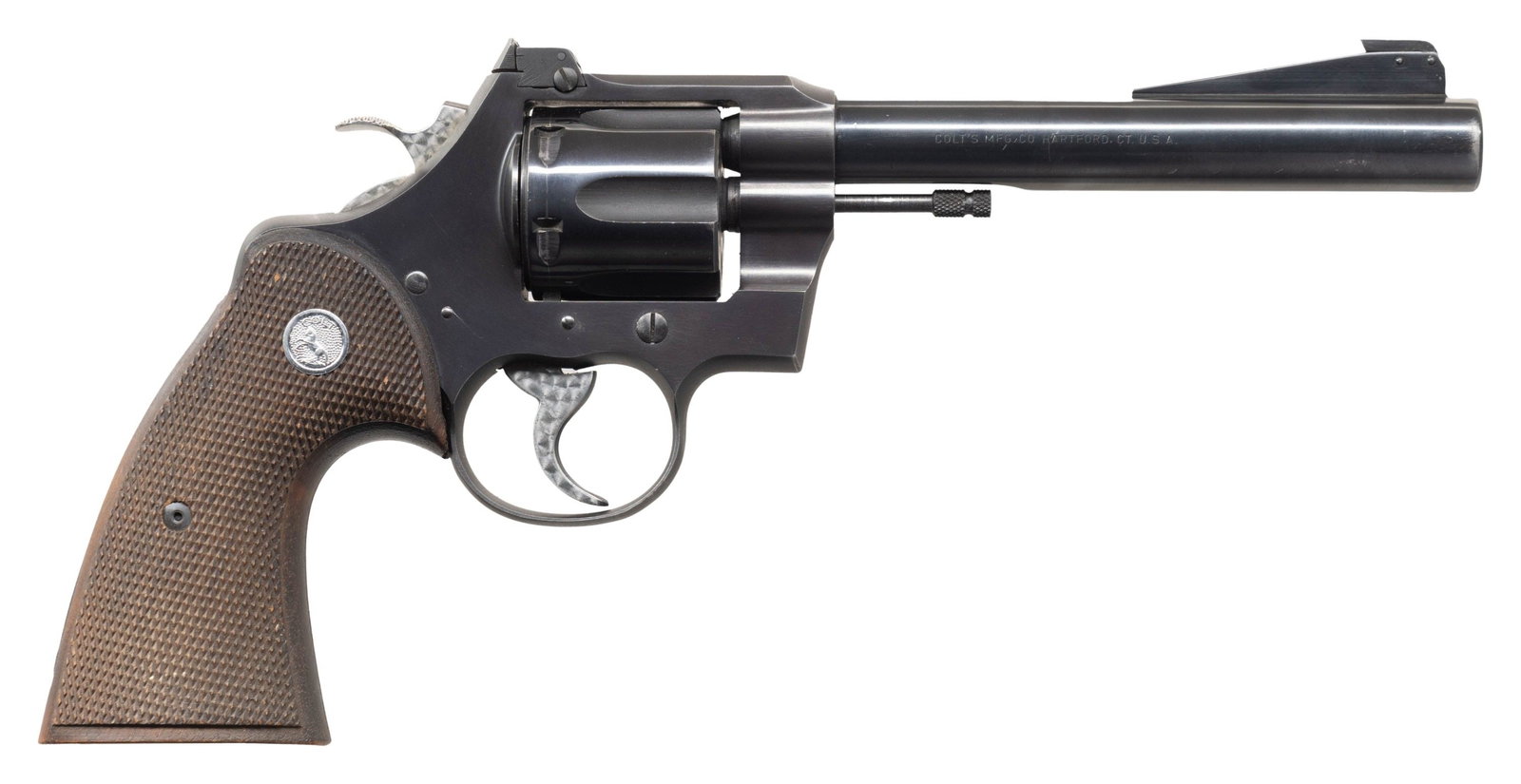 COLT OFFICERS MODEL SPECIAL DA REVOLVER.: Cal. 22LR. S# 61767. Mfg. 1950. Bbl. 6" with pinned blade front ramp sight. Coltmaster adjustable rear sight. Sides of the hammer and trigger have been jeweled after factory. Checkered walnut Colt med