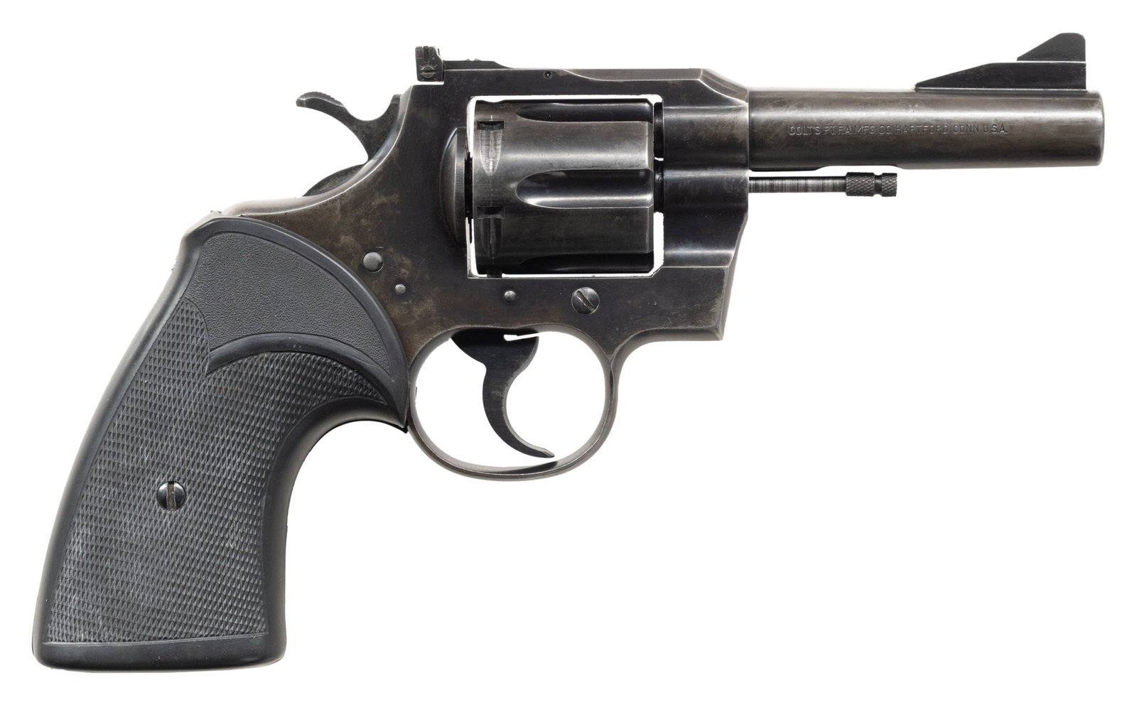 COLT TROOPER DA REVOLVER.: Cal. 357 Mag. S# 43939. Mfg 1965. Bbl. 4" with blade ramped front sight. adjustable square notch rear sight. Replacement Pachmayer Presentation rubber grips. CONDITION: overall fair. Thinning