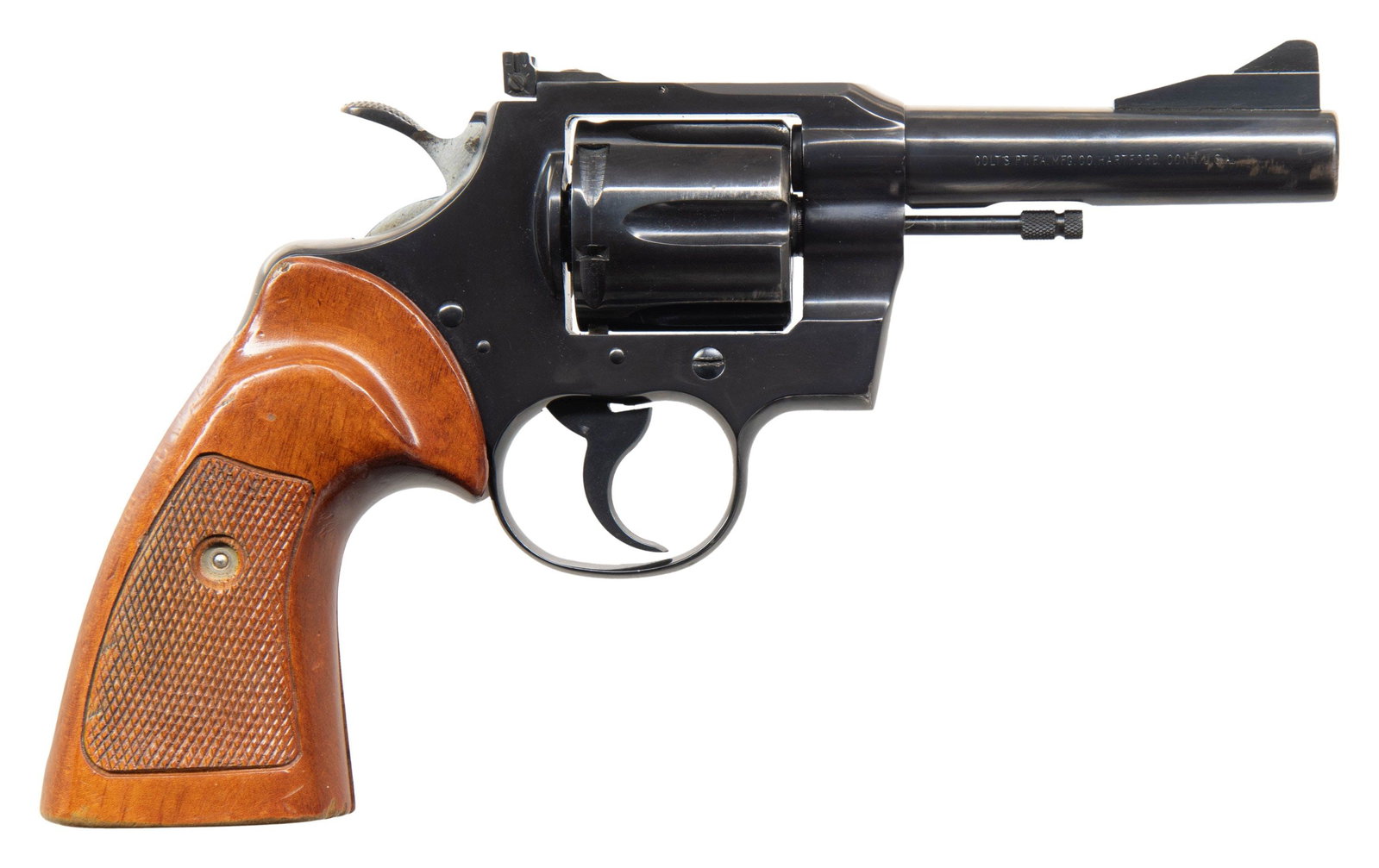 COLT TROOPER 357 DA REVOLVER.: Cal. 357 Mag. S# 81428. Mfg 1969. Bbl. 4" with fixed ramped blade front sight. Adjustable square notch rear sight. Checkered replacement target style grips. CONDITION: overall very good+. Approx 90%