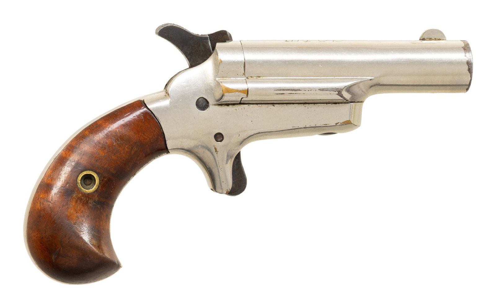 COLT 3rd MODEL "THUER" SINGLE SHOT DERRINGER.: Cal. 41RF. S# 33089. Bbl 2.5". Nickel plated. Original 2 piece walnut birdshead grips. CONDITION: overall very good. 90% nickel coverage with flaking at the muzzle and high edges. Metal and grips