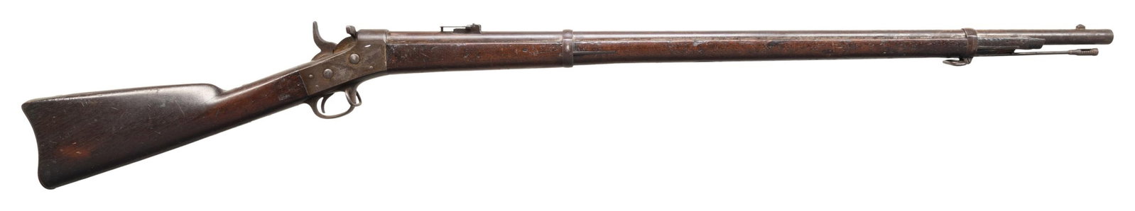 U.S. SPRINGFIELD MODEL 1871 SINGLE SHOT ROLLING: BLOCK MILITARY RIFLE. Cal. 50-70. NSN. Bbl. 36". Receiver is marked on right side with "spread wing eagle / U.S. / SPRINGFIELD / 1872". Marked on left side "MODEL 1871". The receiver tang is marked