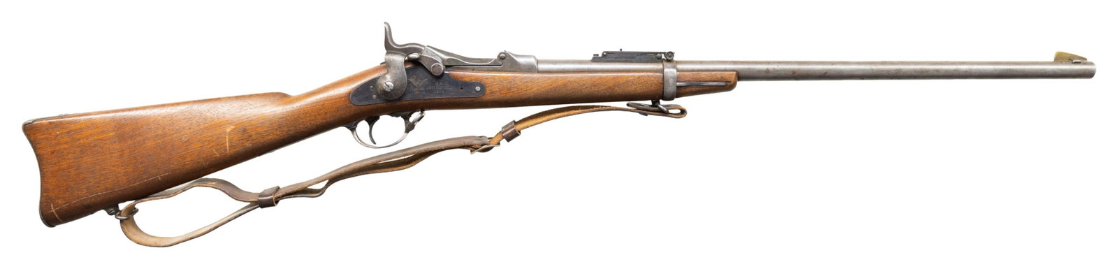 US SPRINGFIELD MODEL 1884 SPORTERIZED TRAPDOOR: SINGLE SHOT MILITARY RIFLE. Cal. 45-70. S# 402495. Bbl. 24 3/8". Rifle barrel shortened and front sight replaced by brass blade with dovetail. Barrel has "VP" eagle head proof. Buffington rear sight