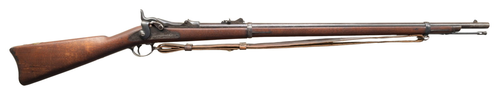 U.S. SPRINGFIELD MODEL 1884 TRAPDOOR SINGLE-SHOT: MILITARY RIFLE. Cal. 45-70. S# 377592. Bbl. 32 1/2". Receiver manufactured in 1887. Model 1879 rear sight graduated to 1,200 yards. Sight base and ladder marked "R". Blade front sight. Barrel marked