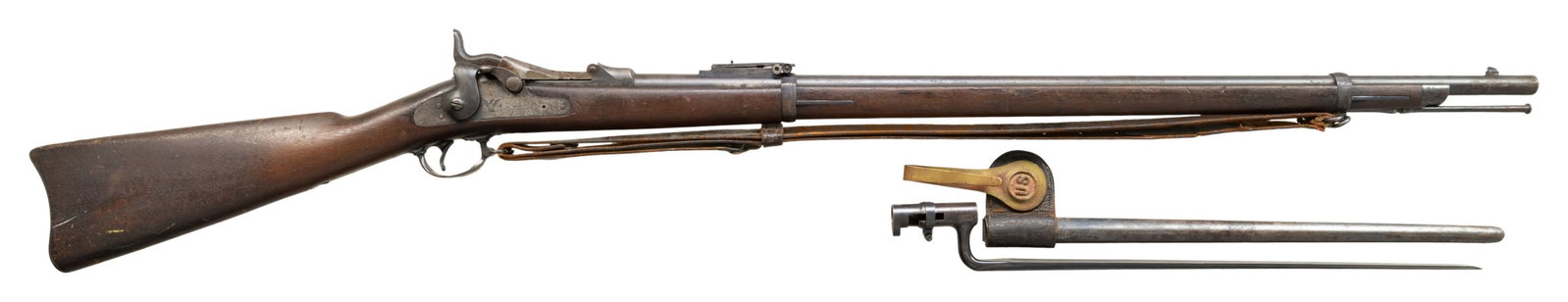 U.S. SPRINGFIELD MODEL 1884 TRAPDOOR SINGLE SHOT: MILITARY RIFLE. Cal. 45-70. S# 457755. Bbl. 32 1/2". Barrel marked on left rear with "VP" eagle head proof. Receiver produced in 1889. Buffington rear sight marked "R" graduated to 1,400 yards.