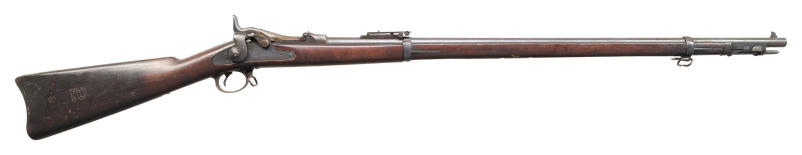 U.S. SPRINGFIELD MODEL 1888 TRAPDOOR SINGLE SHOT: MILITARY RIFLE. Cal. 45-70. S# 555813. Bbl. 32 1/2". Barrel is marked on left rear with "VP" eagle head proof. "R" marked Buffington rear sight graduated to 1,400 yards. Blade front sight. Tall