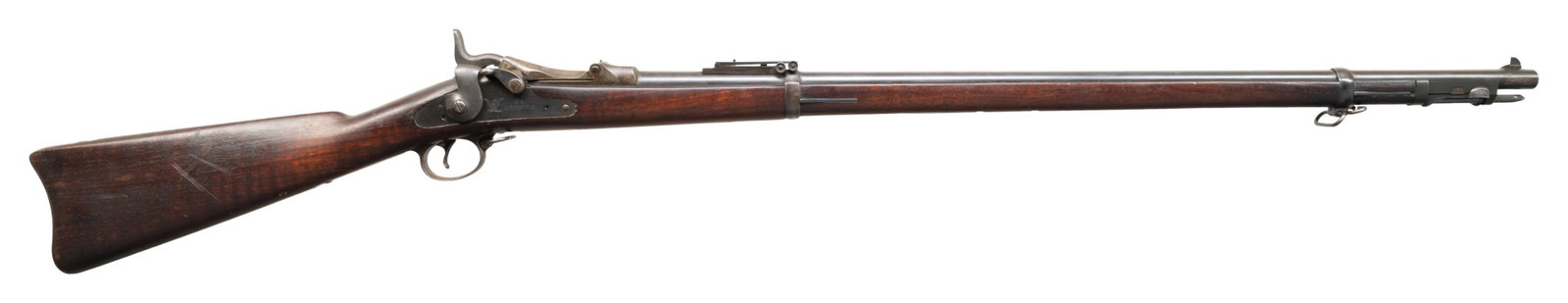 U.S. SPRINGFIELD MODEL 1888 TRAPDOOR SINGLE-SHOT: MILITARY RIFLE. Cal. 45-70. S# 542693. Bbl. 32 1/2". Rifle receiver manufactured in 1892. Buffington rear sight graduated to 2,000 yards. Sight ladder is marked "R". Blade front sight. Replacement