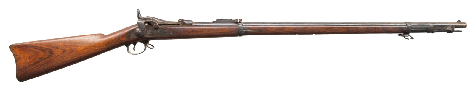 U.S. SPRINGFIELD MODEL 1888 ROD BAYONET TRAPDOOR: SINGLE SHOT MILITARY RIFLE. Cal. 45-70. S# 522084. Bbl. 32 1/2". Rifle manufactured in 1891. Barrel marked on left rear with "VP" eagle head proof. "R" marked Buffington rear sight. Blade front