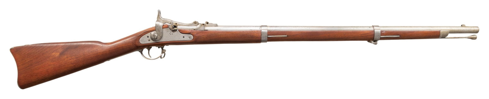 U.S. SPRINGFIELD MODEL 1865 ALLIN CONVERSION: TRAPDOOR SINGLE SHOT MILITARY RIFLE. Cal. 58 Rimfire. NSN. Bbl. unmarked 29 1/2". Flip-up rear sight with single aperture. Sight retaining screwhead is missing. Stud type front sight. Unmarked breech
