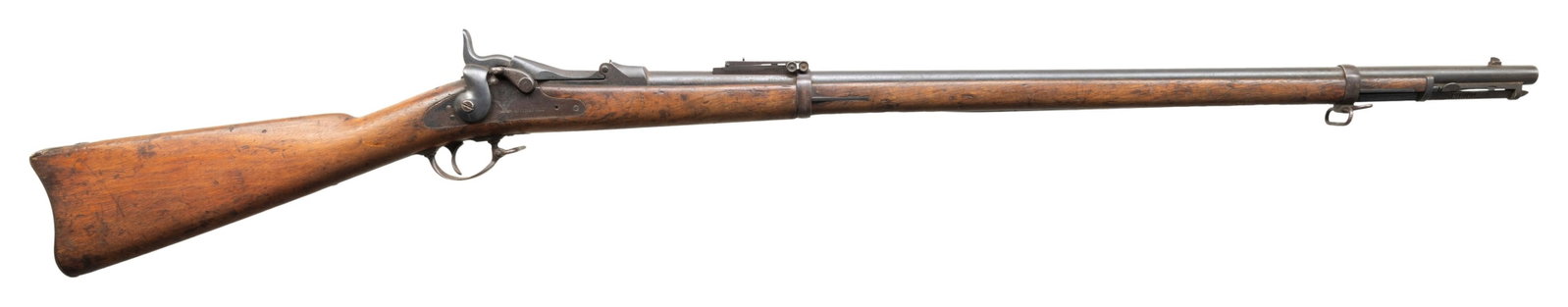 MODEL 1884 SPRINGFIELD RIFLE.: Cal. 45-70. S# 502291. Over 200,000 of this last trapdoor Springfield were made, most saw hard long use. Standard configuration 32.6" barrel, Buffington long range rear sight, scarce triangular rod