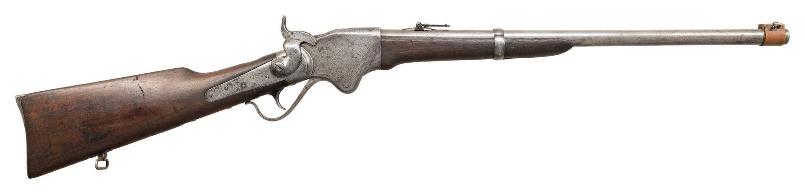 SPENCER 1860 LEVER ACTION SRC.: Cal. 52-50 Spencer. S# 47922. Bbl. 22". Added band & blade front sight along with original barleycorn front sight & ladder rear sight. Saddle ring & bar on left side. Walnut stock set w/ carbine buttp