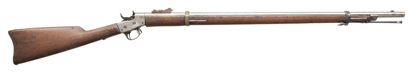 REMINGTON U.S. NAVY MODEL 1870 CADET ROLLING BLOCK: RIFLE. Cal. 50-45. NSN. Springfield Armory mfg. approx. 1,000 cadet rifles using leftover M1867 rifle parts & receivers supplied by Remington, this case a pistol sized frame. Bbl. 32 1/8" w/