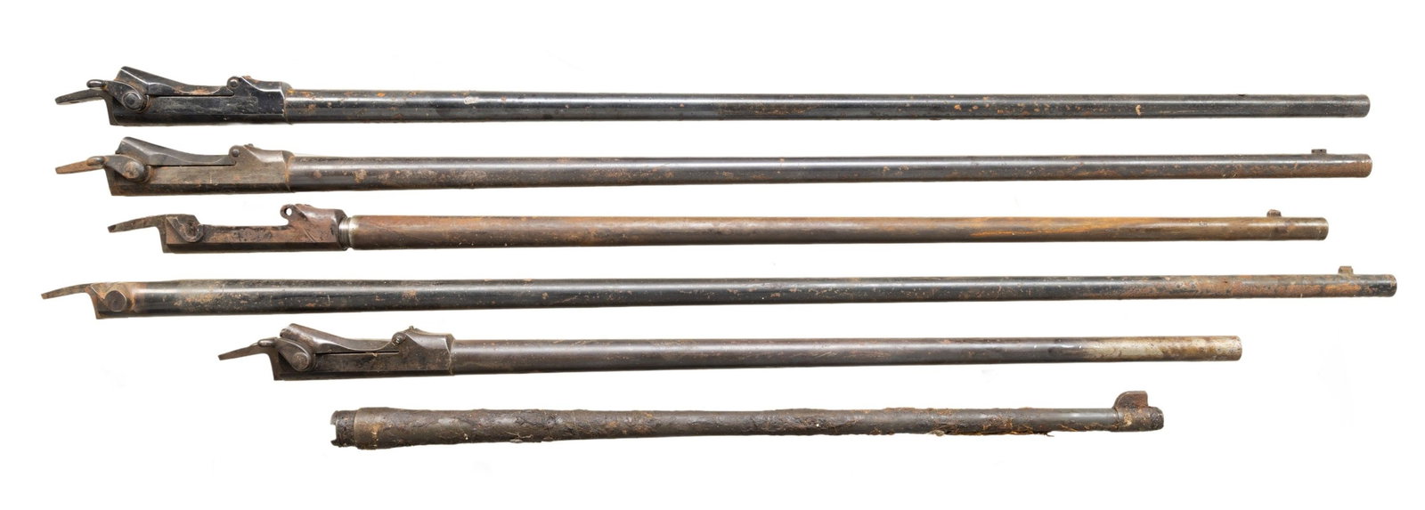 5 ANTIQUE BARRELED ACTIONS PLUS 03-A3 BARREL.: 1). Numrich Arms Corp. Trapdoor conversion barreled assembly allowing change to 45 caliber percussion muzzle loader. A corresponding hammer is required (missing). Barrel is 36" having screw in breech