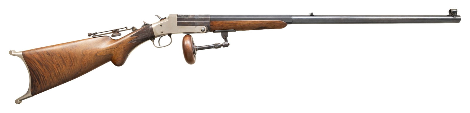 W. WURFFLEIN TIP-UP MID-RANGE RIFLE.: Cal. 32-40. S# 5167. Mfg. 1880's-1890 in Philadelphia, PA. Half oct., half. rnd. 28" barrel with re-engraved markings along with other spurious markings. Globe aperture front sight & spirit lever in