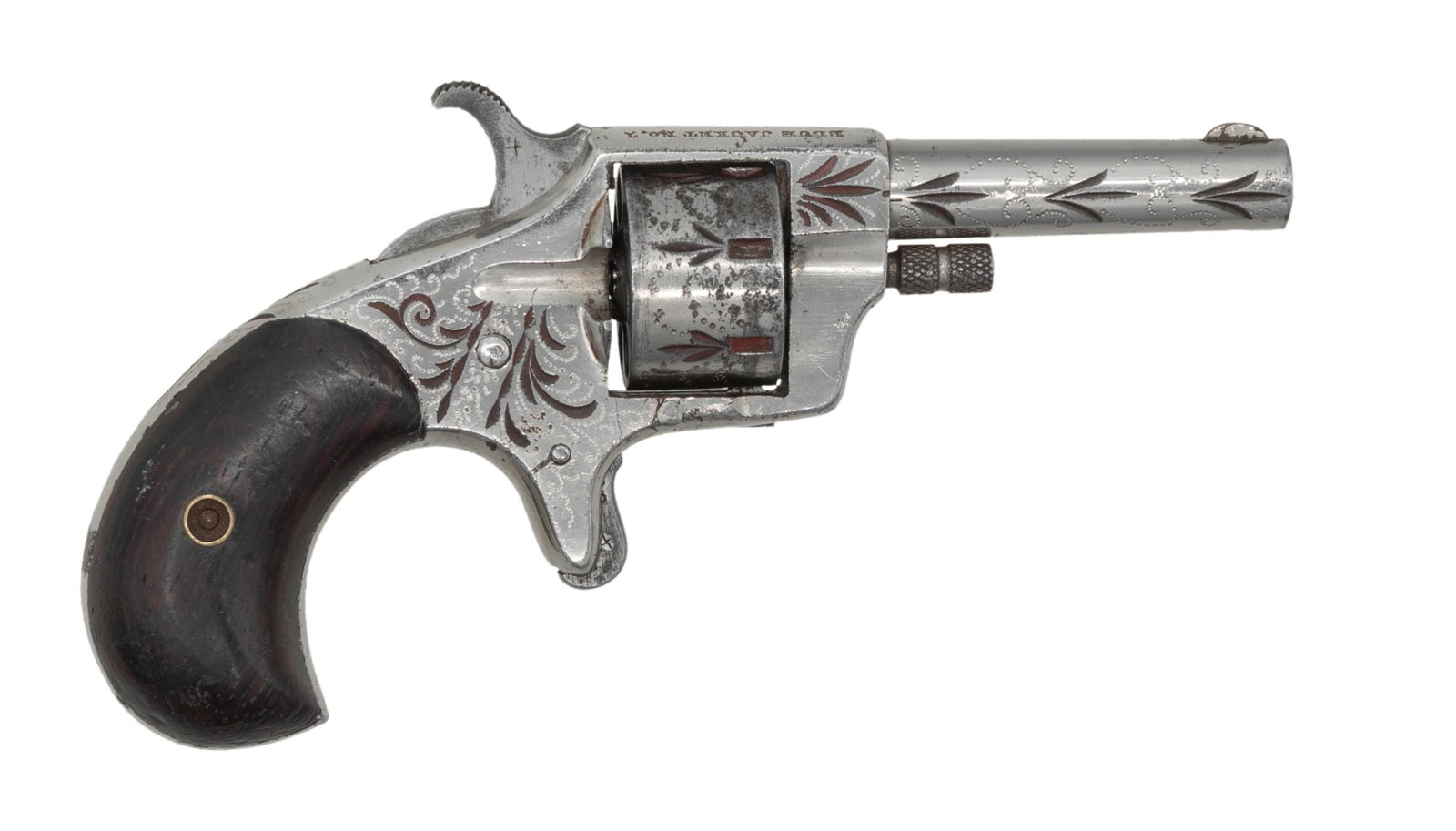 HOPKINS & ALLEN BLUE JACKET NO. 1 REVOLVER.: Cal. 22. S# 1592. Bbl. 2 1/8". Round blade front sight. Fixed rear sight. Top strap marked "BLUE JACKET NO.1" with March 1871 patent date. Nickel finish with floral & punch dot engraving. Smooth